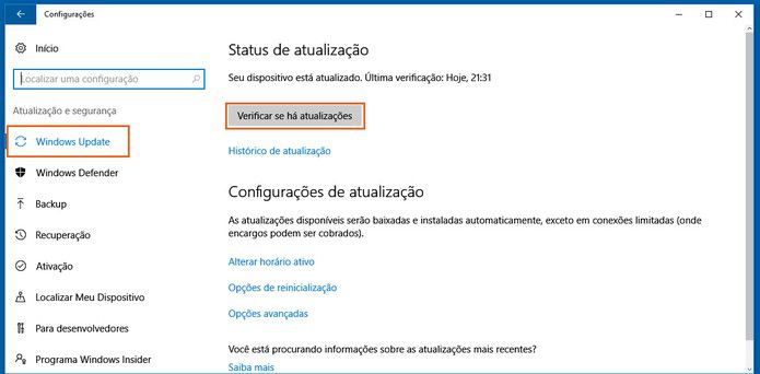 tela de configuração