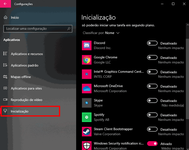 tela de configuração