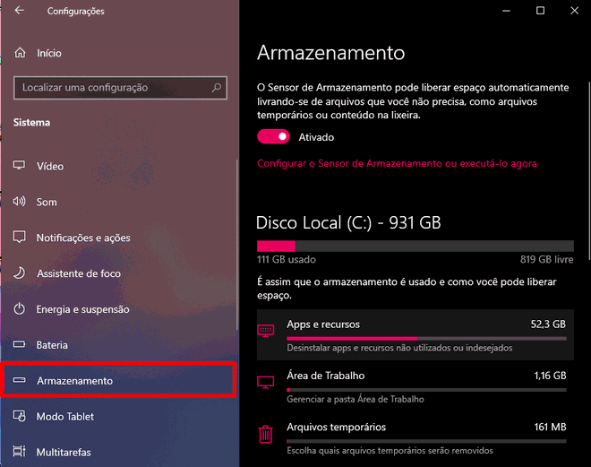 tela de configuração