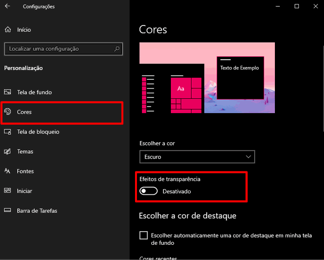 tela de configuração