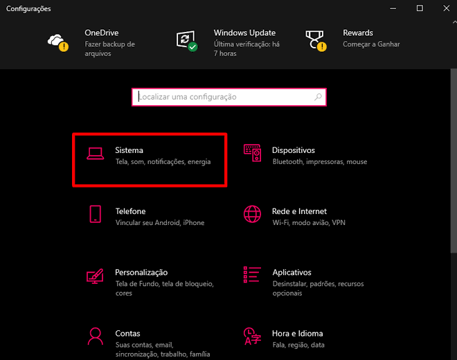 tela de configuração