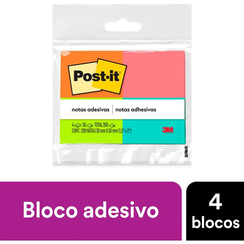 BLOCO DE RECADO POST-IT 653 COM 50 FOLHAS 38 X 50 MM (COLORIDO) 3M PCT.C/04
