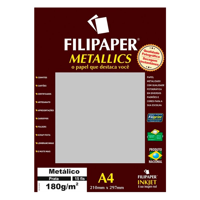 PAPEL METALICO FILIPAPER A4 PRATA 180G 15 FOLHAS