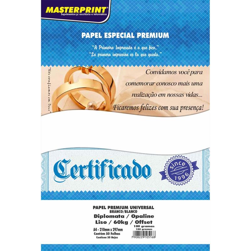 PAPEL A4 DIPLOMATA BRANCO PREMIUM 180 G - MASTERPRINT PCT.C/50