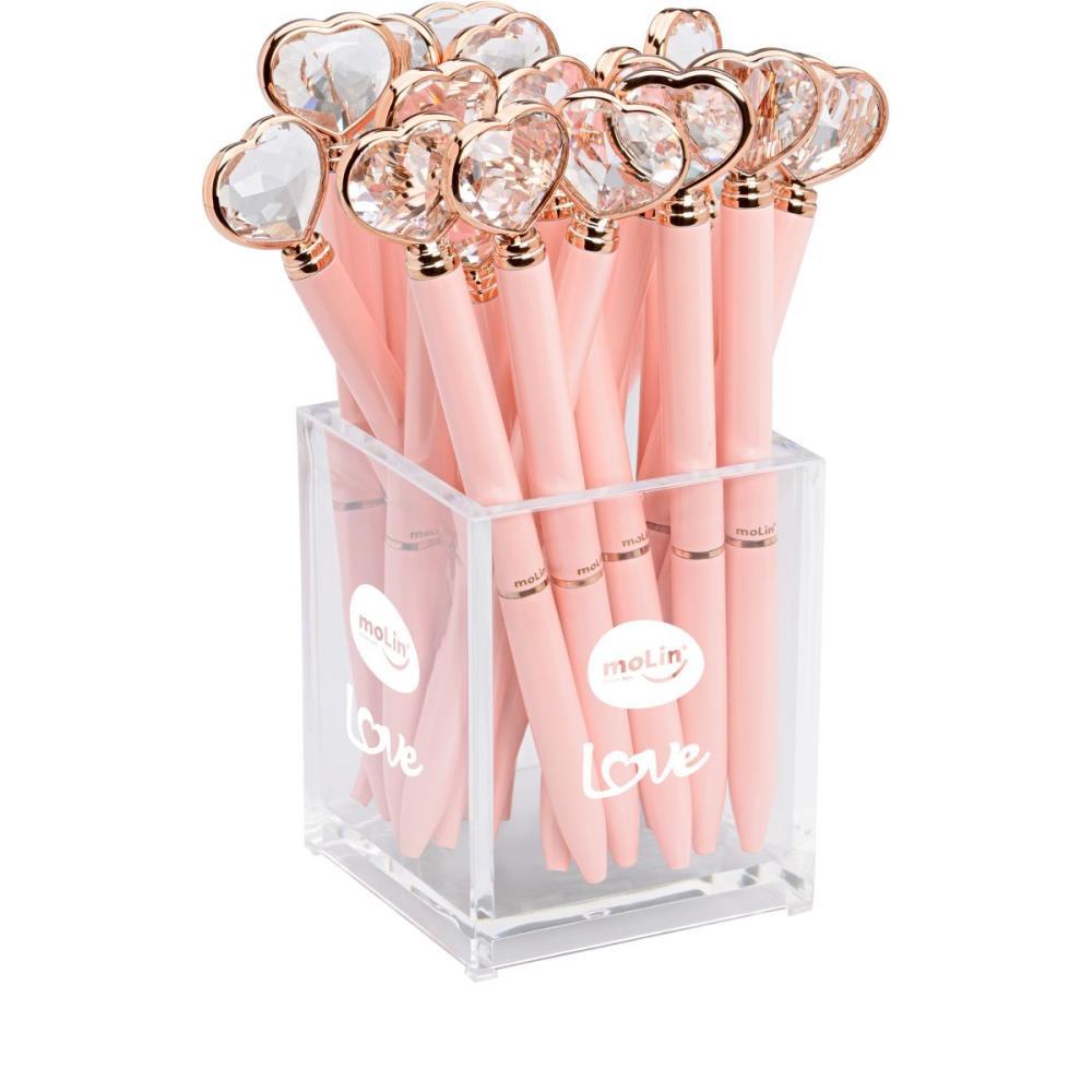 CANETA ESFEROGRAFICA CORACAO DIAMANTE ROSA MOLIN POTE-20