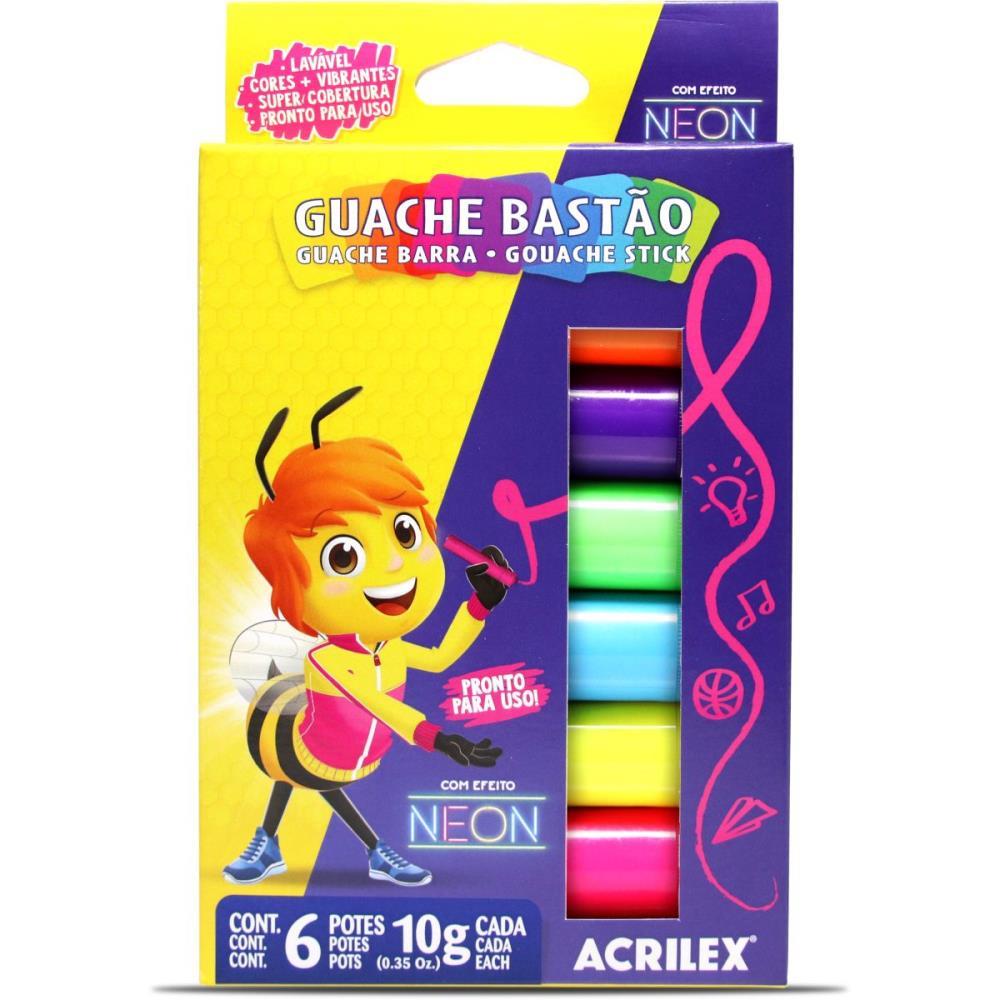 TINTA GUACHE EM BASTAO NEON COM 06 CORES ACRILEX ESTOJO