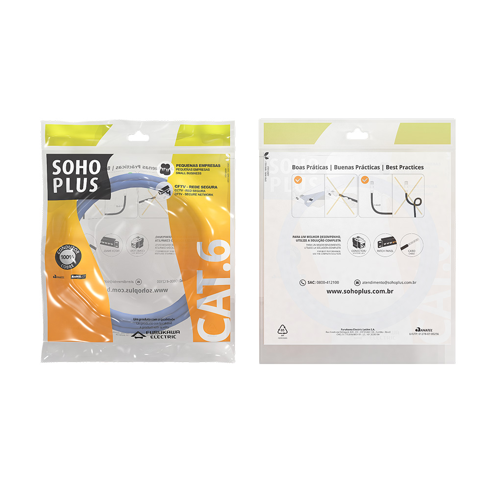 PATCH CORD U/UTP FURUKAWA SOHOPLUS CAT6 CMX T568A  2.5M  AZUL CLARO CERTIFICADO