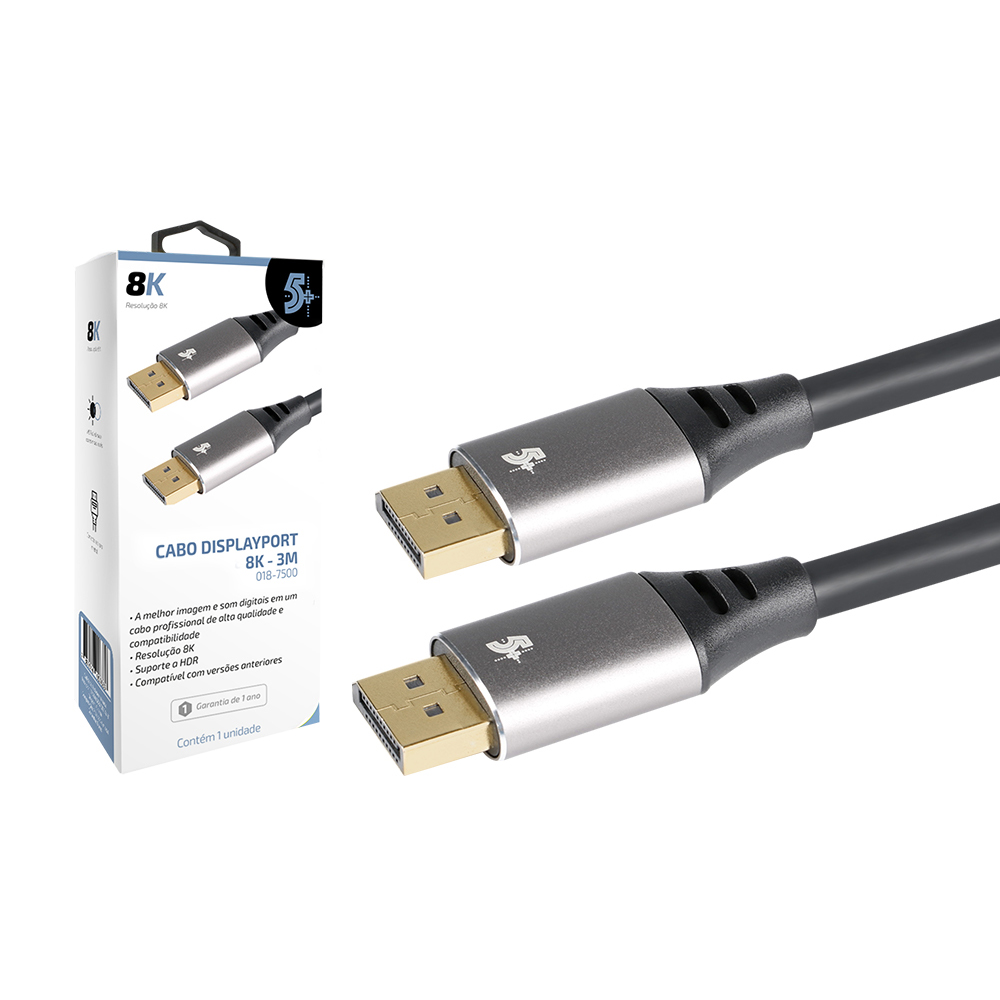 CABO DISPLAYPORT M + DISPLAYPORT M 1.4 HBR 8K C/TRAVA 3M 5+ - 018-7500