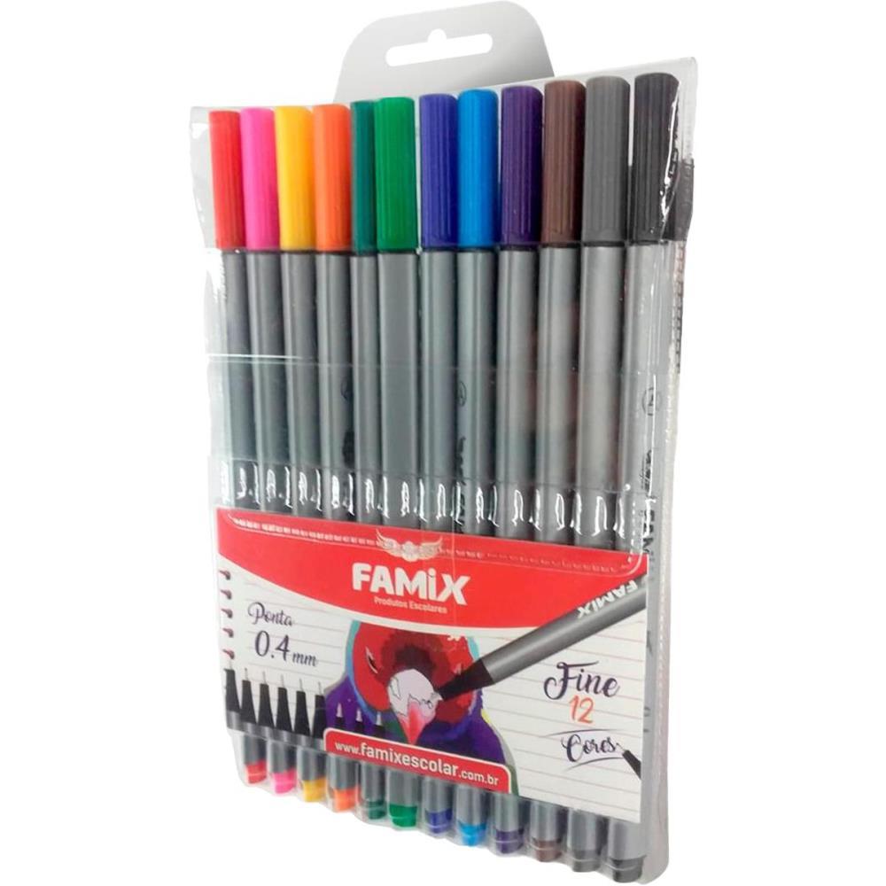 CANETA COM PONTA POROSA FINE 0.4 12 CORES FAMIX ESTOJO
