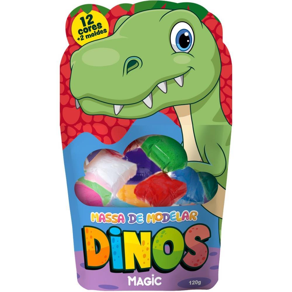 MASSA PARA MODELAR CRIATIVA DINO 120G COM 12 CORES/2MOLDES MAGIC KIDS UNIDADE