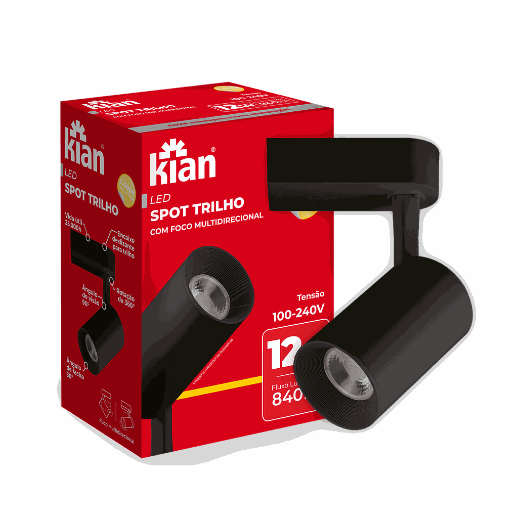 Spot Trilho Led Preto 12W 3.000K Branca Quente Bivolt Kian