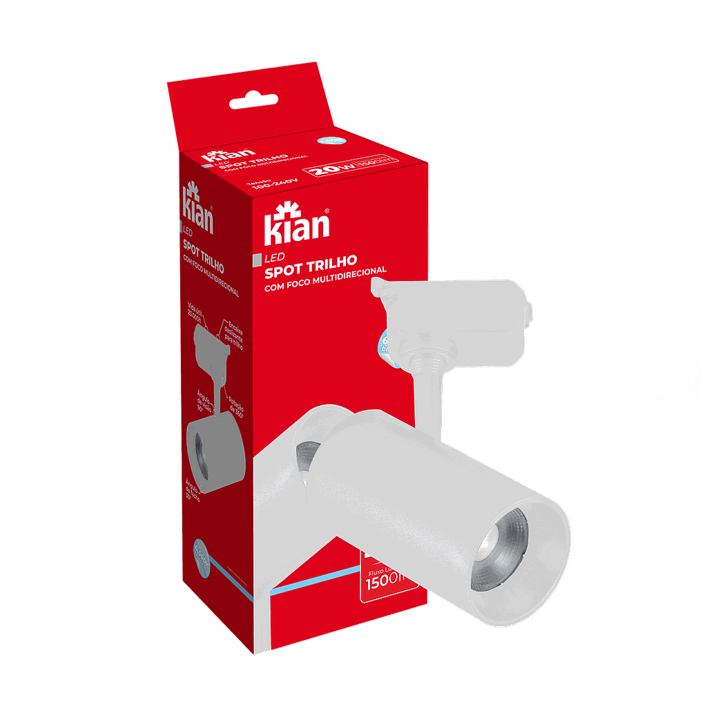 Spot Trilho Led Branca 20W 6,5K Branca Fria  Bivolt Kian