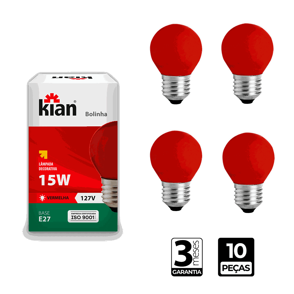 Lâmpada Incadescente Bolinha Vermelha 15W Base E27 127V Kian - CX/10