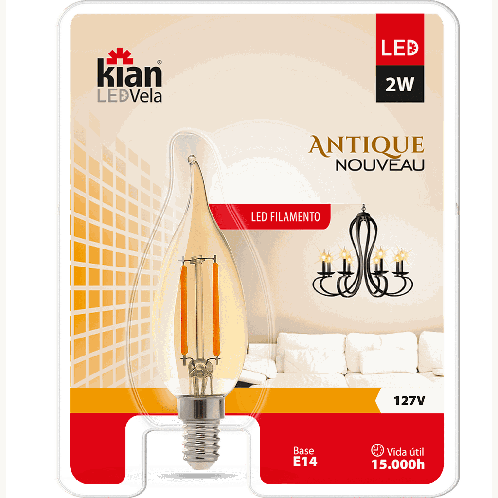 Lâmpada Led Antique Noveau Vela 2W Base E14 2.200K 127V Kian