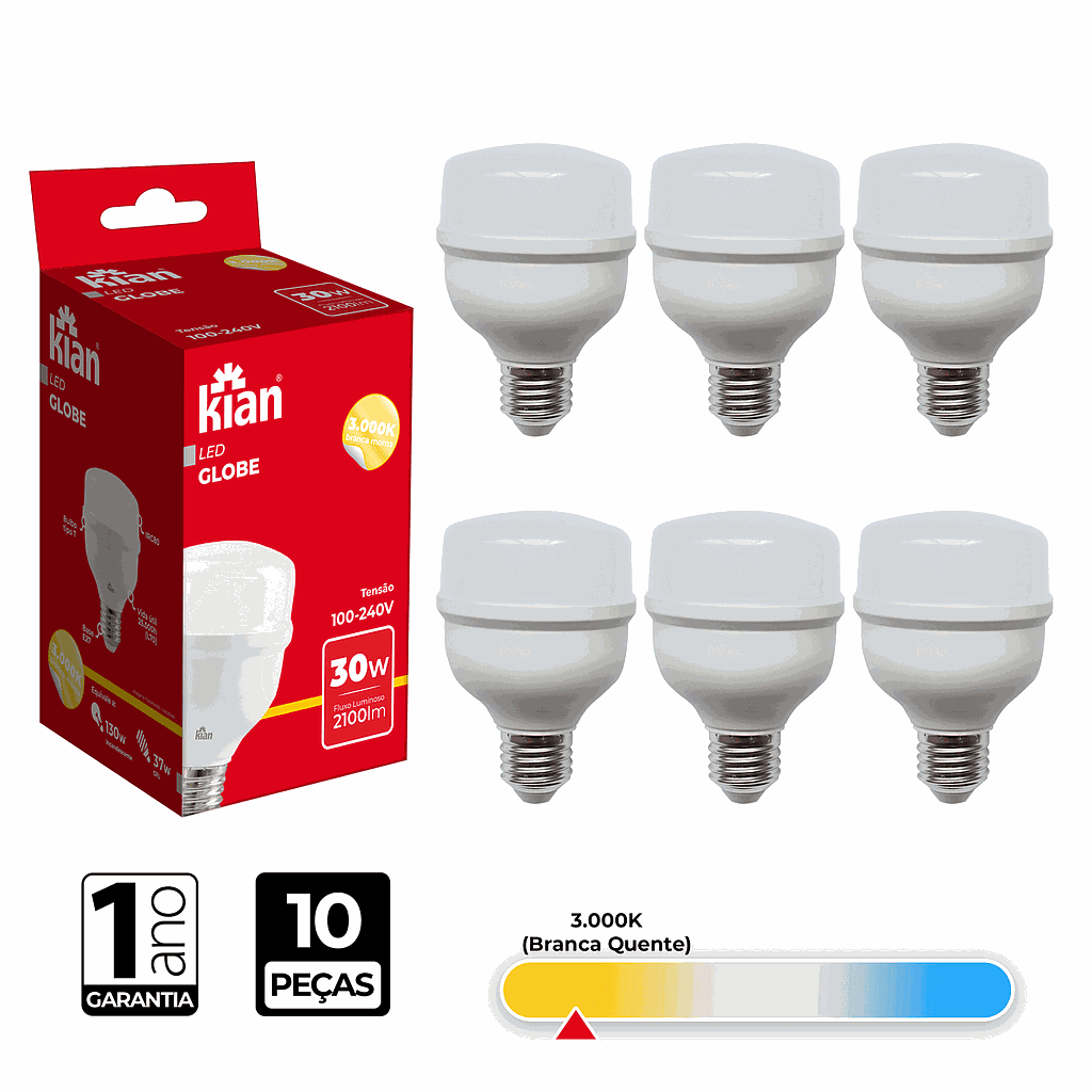 Lâmpada Led Globe 30W 3.000K Branca Quente Bivolt E27 Kian Unidade