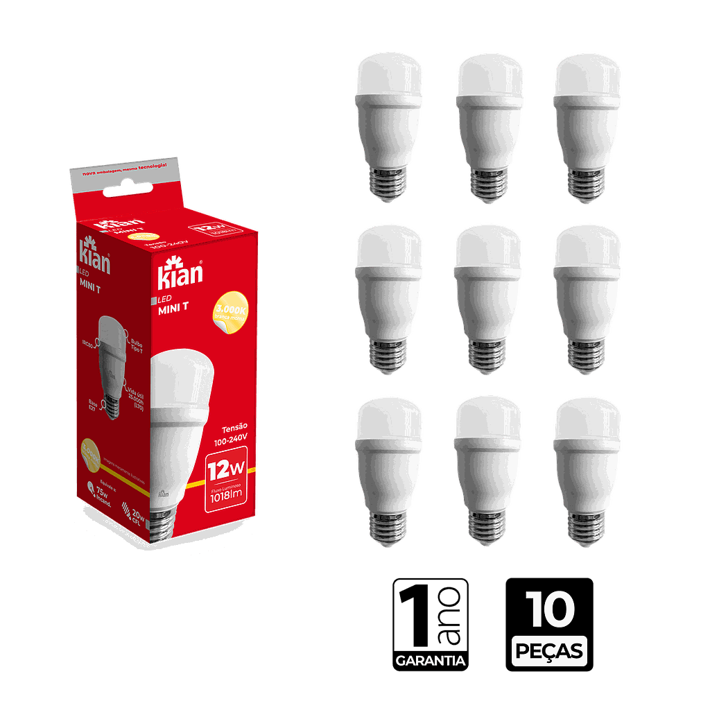 Lâmpada Led Mini T 12W 3000K Branca Quente E27 Bivolt Kian - CX/10
