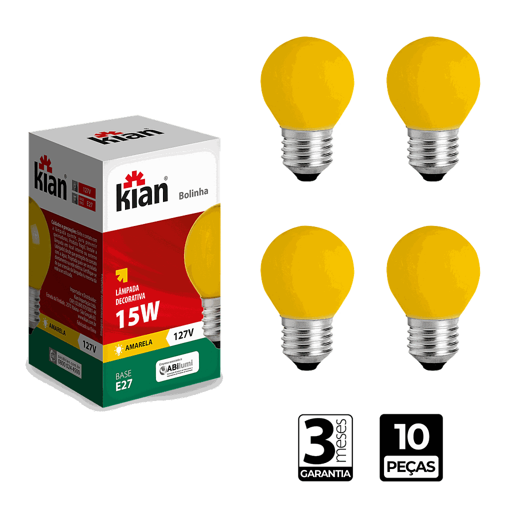 Lâmpada Incadescente Bolinha Amarela 15W Base E27 127V Kian - CX/10