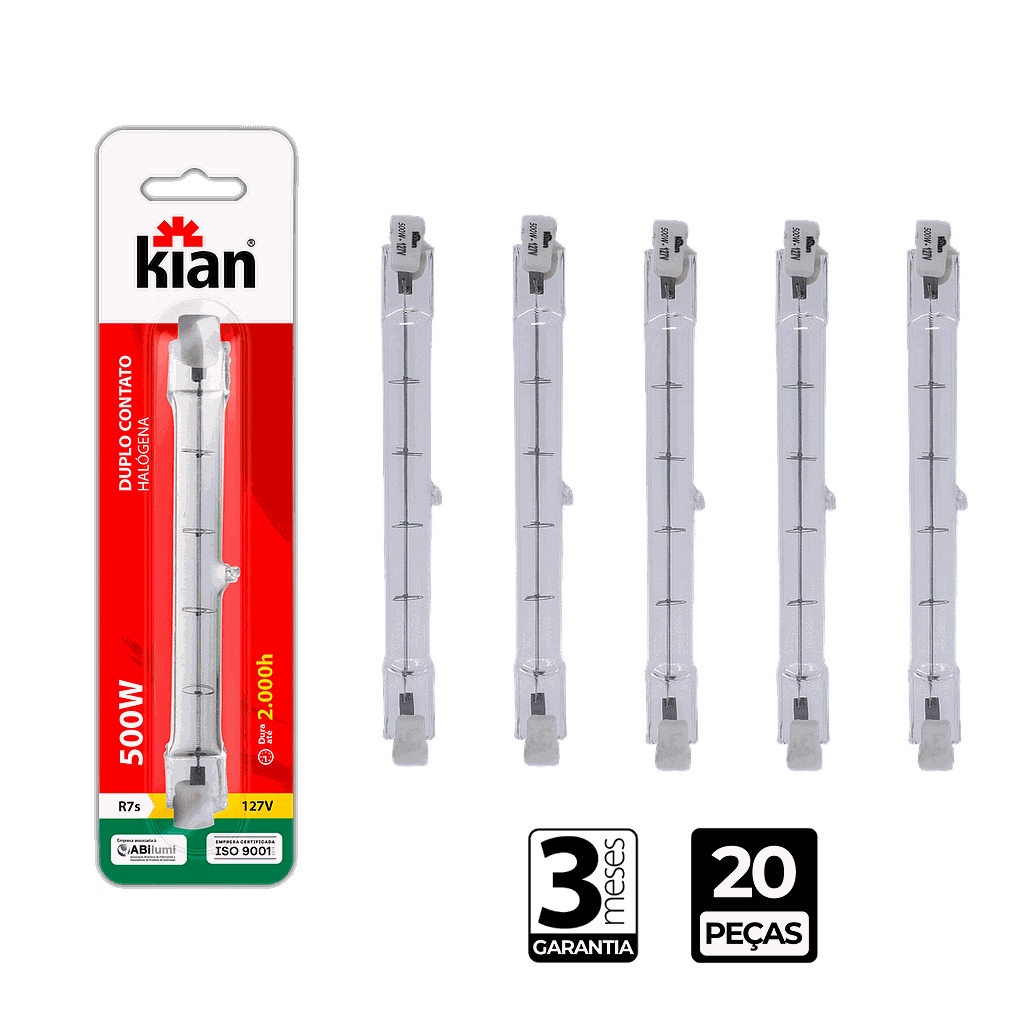 Lâmpada Halógena Lapiseira Base R7s 3.000K 500W 127V Kian - CX/20