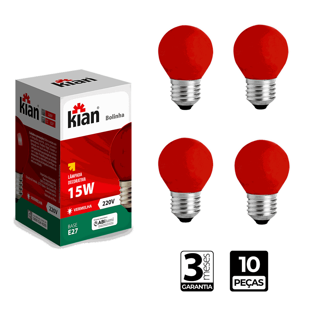 Lâmpada Incadescente Bolinha Vermelha 15W Base E27 220V Kian - CX/10