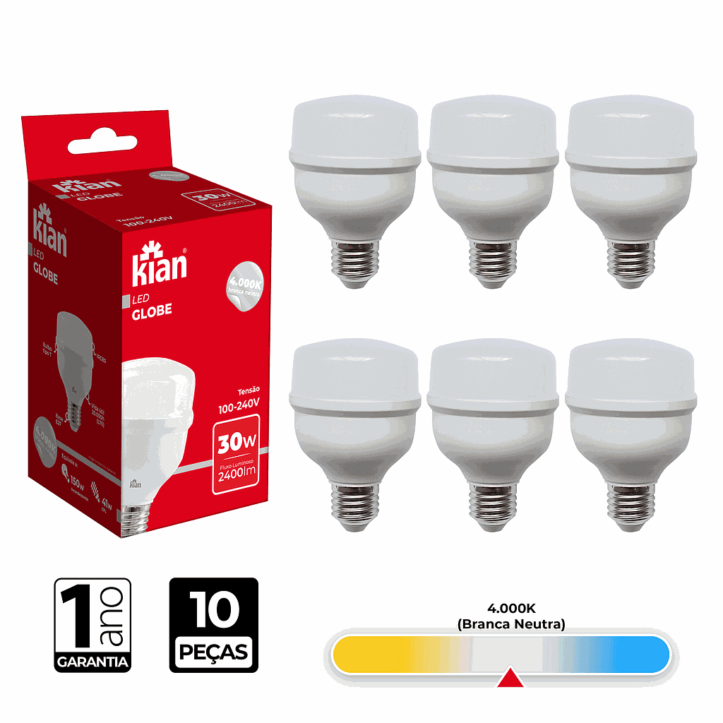 Lâmpada LED Globe 30W 4.000K Branca Neutra Bivolt E27 Kian Cx/10