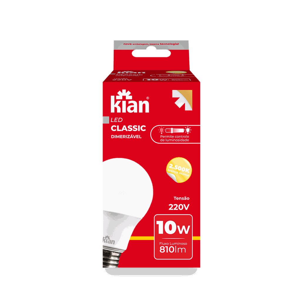 Lâmpada Led A60 Dimerizável 10W 2.500K Branca Quente Base E27 220V Kian