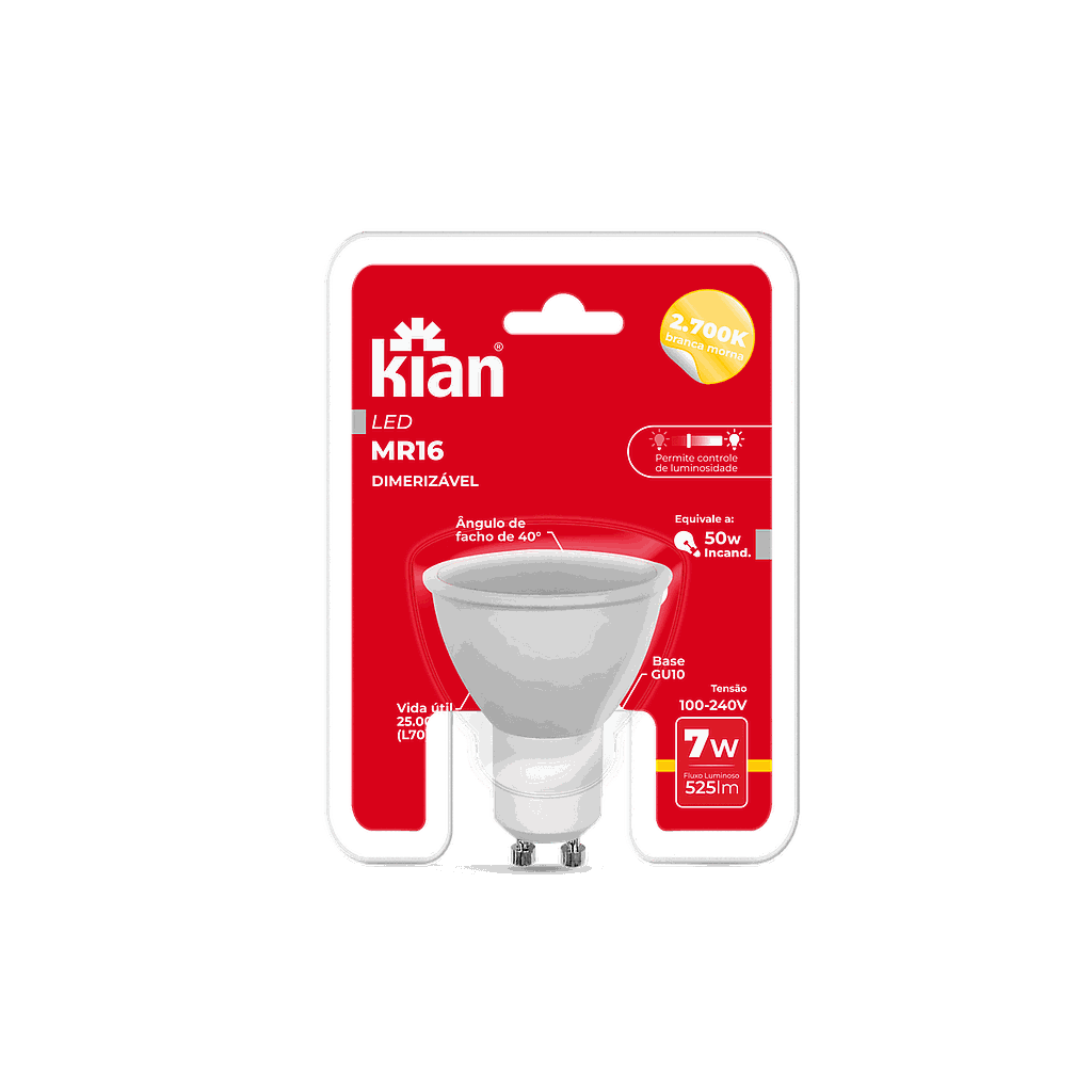 Lâmpada Led MR16 Dimerizável 7W 2.700K Branca Quente Base GU10 Bivolt Kian