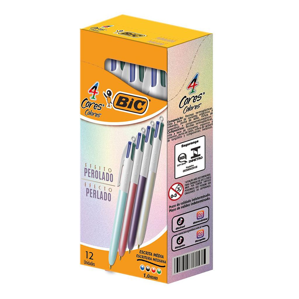 CANETA ESFEROGRAFICA BIC 4 CORES 1.0MM FINA PEROLADO COM 12