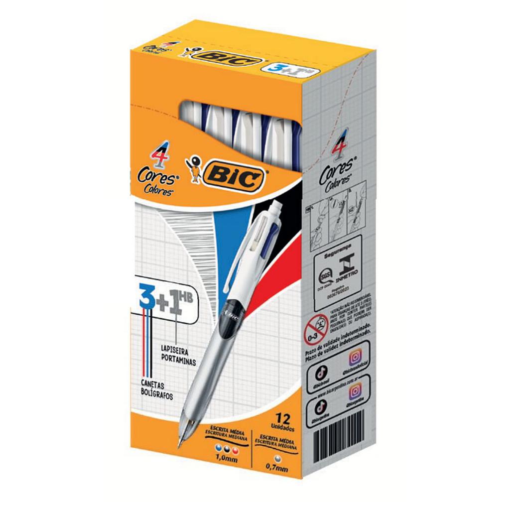 CANETA ESFEROGRAFICA BIC 4 CORES 1.0MM FINA 3+1HB COM 12