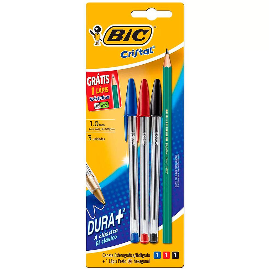 KIT CANETA ESFEROGRAFICA BIC CRISTAL DURA + 1.0MM MEDIA SORTIDA COM LAPIS GRATIS