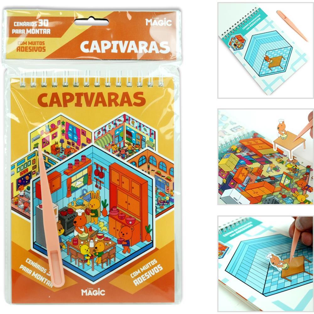 LIVRO COM ADESIVOS CENARIO 3D CAPIVARAS 14X23CM MAGIC KIDS UNIDADE
