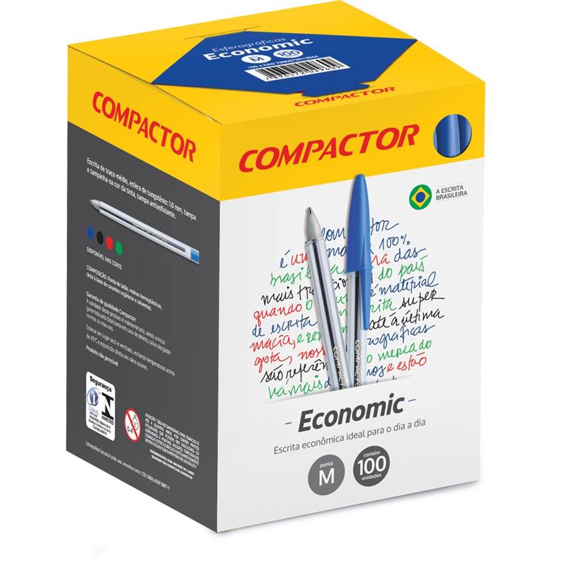 CANETA ESFEROGRAFICA ECONOMIC CRISTAL PRETA - COMPACTOR CX.C/100