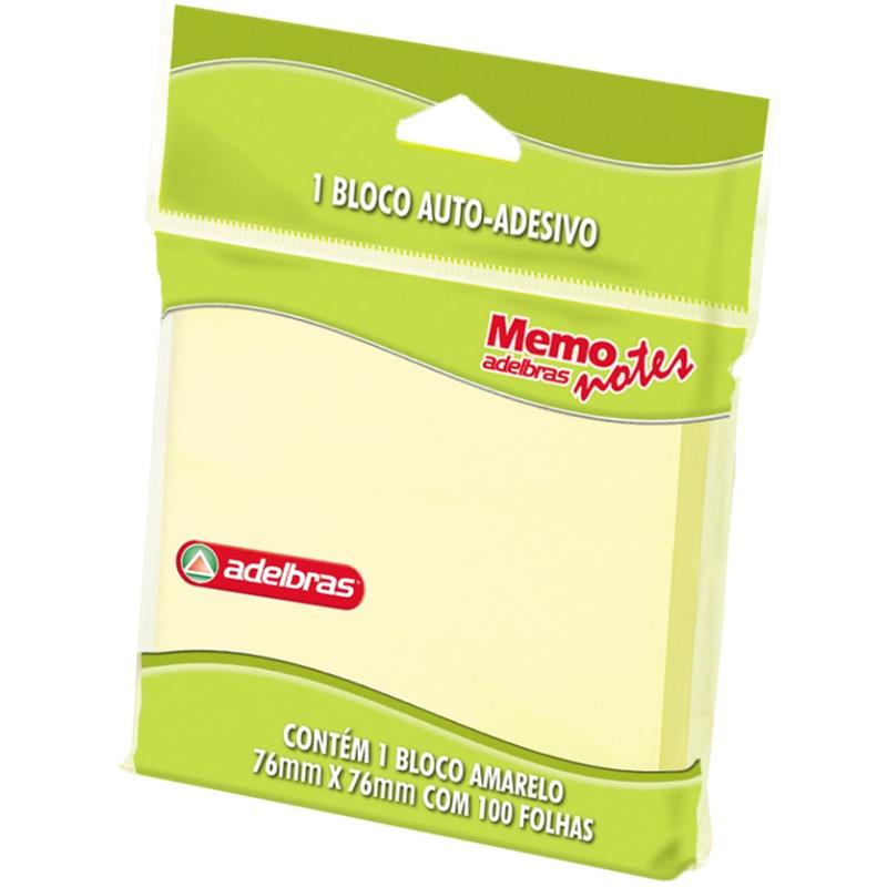 BLOCO DE RECADO AUTOADESIVO MEMONOTE AMARELO 76 MM X 76 MM 100 FLS ADELBRAS UNIDADE