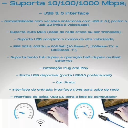 ADAPTADOR ETHERNET USB 3.0 RJ45 REDE GIGABIT 10/100/1000