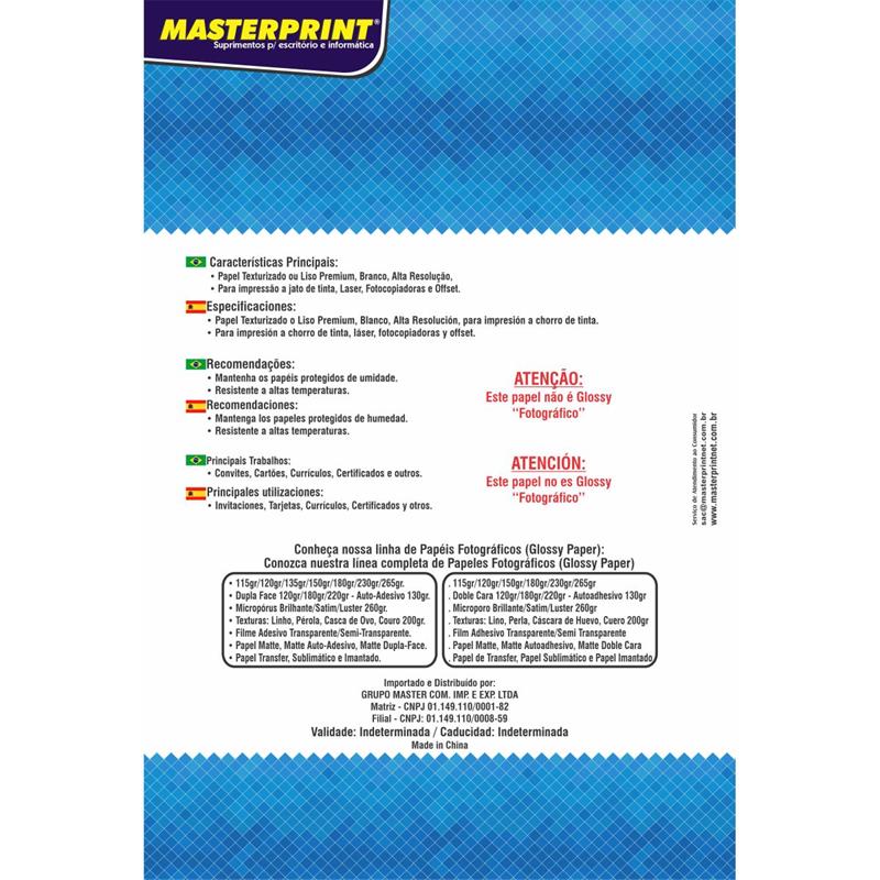 PAPEL A4 DIPLOMATA BRANCO PREMIUM 180 G - MASTERPRINT PCT.C/50