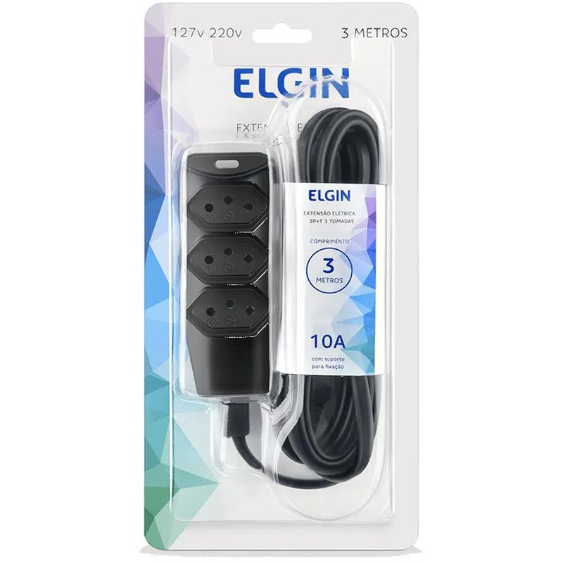 EXTENSAO ELETRICA BIPOLAR 3ENTRADAS 3MTS. PRETA - ELGIN UNIDADE